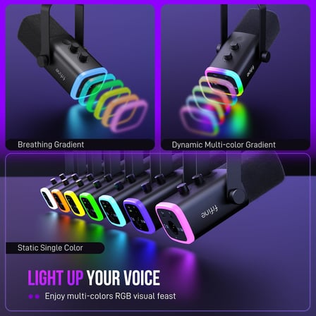 USB/XLR Dinamik Mikrofon, Podcast Kayıt için, RGB Işıklı PC Bilgisayar Oyun Akış Mikrofonu, Sessiz Düğme, Kulaklık Jakı, Masaüstü Standı, Şarkı Söylemek için Vokal Mikrofon YouTube-AmpliGame