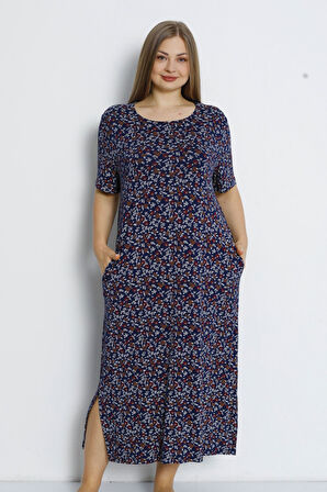 Kadın Büyük Beden Cepli Kısa Kollu Maxi Boy Viskon Elbise