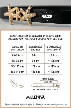 Deniz Yıldızı Gold Tokalı Siyah İnce Kadın Kemer 1.5 cm