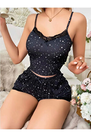 Yıldız Desenli Askılı Şortlu Pijama Takımı