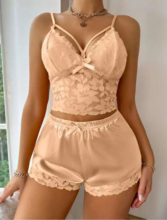 Sarı Dantelli Büstiyer İnce Askılı Saten Şortlu Takım