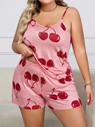 Büyük Beden Pembe Kiraz Desen İnce Askılı Pamuklu Şortlu Pijama Takımı
