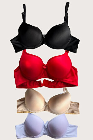 Siyah-Beyaz-Kırmızı-Ten 4'lü İçi Boş Micro Balenli Günlük Tek Desteksiz Sütyen