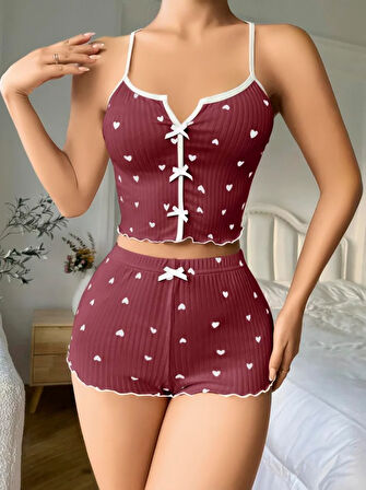 Pamuklu Kahverengi Üstüne Beyaz Kalp Desen Fitilli Askılı Şortlu Pijama Takımı