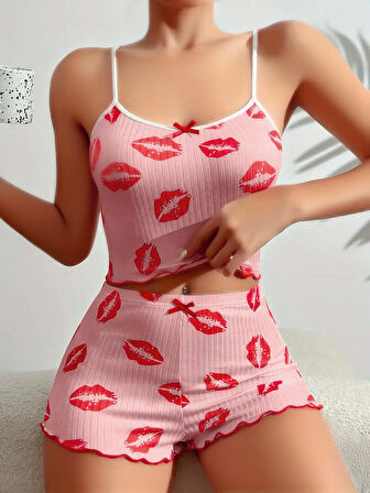 Pamuklu Kiss Öpücük Desen Pembe Şortlu Pijama Takımı