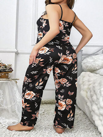 Büyük Beden Siyah Üstüne Çiçek Desenli İnce Askılı 2'li Pijama Takımı