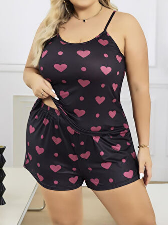 Büyük Beden Siyah Kalp Desen İnce Askılı Pamuklu Şortlu Pijama Takımı