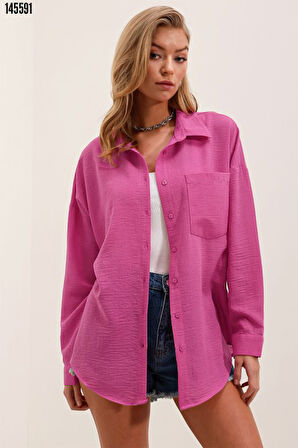 Tek Cepli Oversize Keten Gömlek - AFuşya