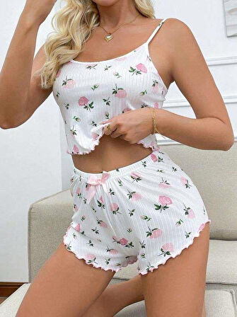 BeyazÜstüne Gül Desenli Fitilli Askılı Şortlu Pijama Takımı
