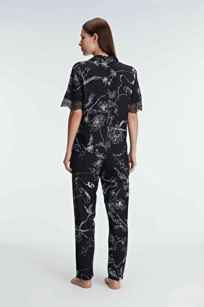 YarımKollu V Yaka Kadın Viskon Çiçek Desenli Yazlık Dokuma Dantel Detaylı Pijama Takımı