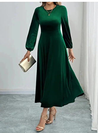 KadınUzun Kollu Bisiklet Yaka Midi Kadife Elbise