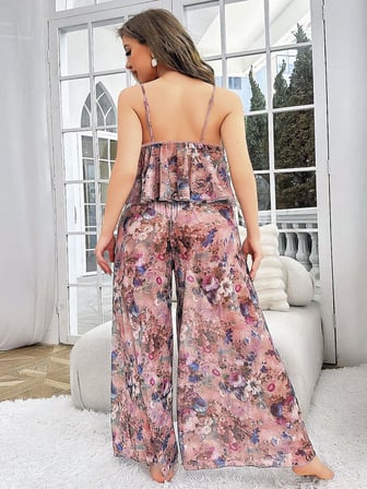 ÖzelTasarım Büyük Beden Çiçek Desenli Bol Kesim 2'li Pijama Takımı