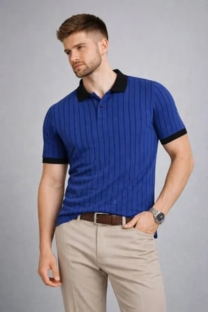 ErkekPolo Yaka Çizgili Tişört Kısa Kol Düğmeli Yazlık T-Shirt - Saks Mavisi