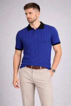 ErkekPolo Yaka Çizgili Tişört Kısa Kol Düğmeli Yazlık T-Shirt - Saks Mavisi