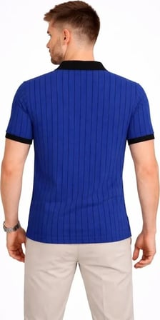 ErkekPolo Yaka Çizgili Tişört Kısa Kol Düğmeli Yazlık T-Shirt - Saks Mavisi