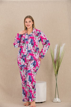 BüyükBeden Renkli Yaprak Desenli Düğmeli Uzun Kol Viskon Pijama Takımı