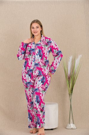 BüyükBeden Renkli Yaprak Desenli Düğmeli Uzun Kol Viskon Pijama Takımı