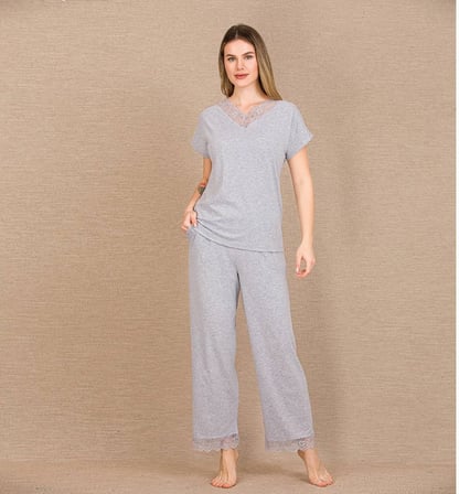 ViskonŞık Tasarım Dantel İşlemeli Gri Kısa Kol Pijama Takımı