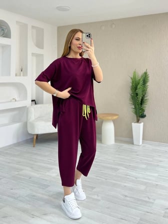 KadınKısa Kollu Bisiklet Yaka Viskon Iki Iplik Bluz ve Pantolon Ikili Takım