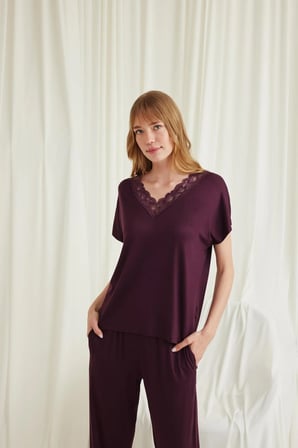 Kısa Kollu V Yakalı Dantelli Viskon Pijama Takımı