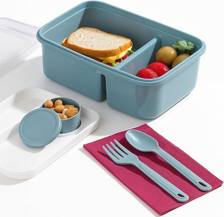 3 Bölmeli Beslenme Kabı 920 ml Sosluklu Sızdırmaz Kapaklı BPA İçermez Çatal Kaşık Dahil Lunch Box Bölmeli Yemek Kabı (Mavi)