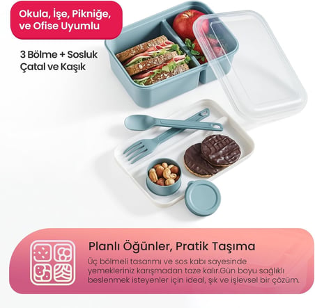 3 Bölmeli Beslenme Kabı 920 ml Sosluklu Sızdırmaz Kapaklı BPA İçermez Çatal Kaşık Dahil Lunch Box Bölmeli Yemek Kabı (Mavi)