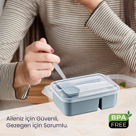 3 Bölmeli Beslenme Kabı 920 ml Sosluklu Sızdırmaz Kapaklı BPA İçermez Çatal Kaşık Dahil Lunch Box Bölmeli Yemek Kabı (Mavi)