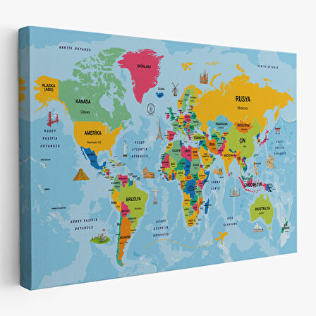 Harita Sepeti Türkçe Dünya Haritası Sembollü ve Okyanuslu Dekoratif Kanvas Tablo 2470