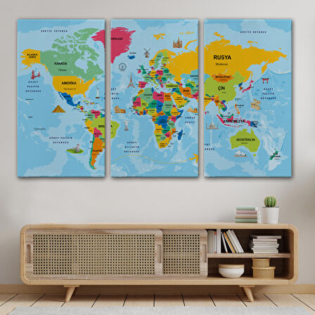 Harita Sepeti Türkçe Dünya Haritası Sembollü ve Okyanuslu Dekoratif Kanvas Tablo 2470