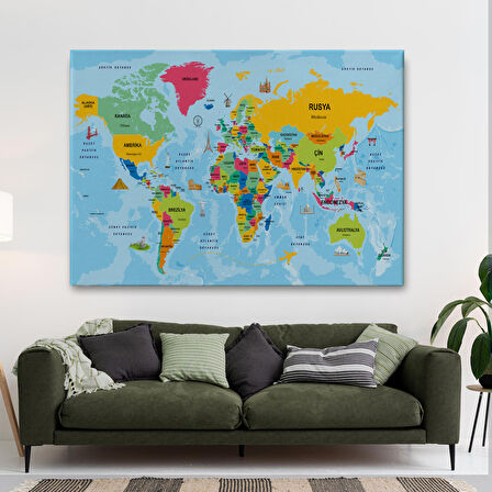 Harita Sepeti Türkçe Dünya Haritası Sembollü ve Okyanuslu Dekoratif Kanvas Tablo 2470