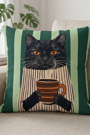 4'lü Set Kahve ve Kedi Temalı Dekoratif Kırlent Kılıfı 43x43 cm Çift Taraflı Yeşil Kombin