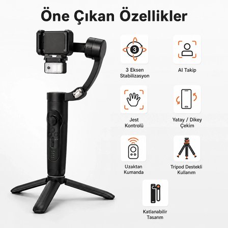 Pell M3 Alpro 3 Eksenli Akıllı AI Takip Özellikli Gimbal Telefon Sabitleyici
