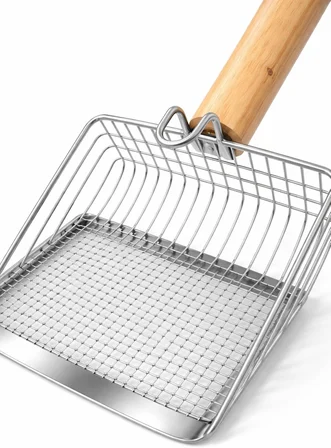 Metal Kedi Kumu Küreği Ahşap Saplı Dayanıklı Izgaralı Kedi Tuvaleti Temizleme Küreği Ergonomik Saplı Kolay Temizlik Aparatı Paslanmaz Çelik (Telli)