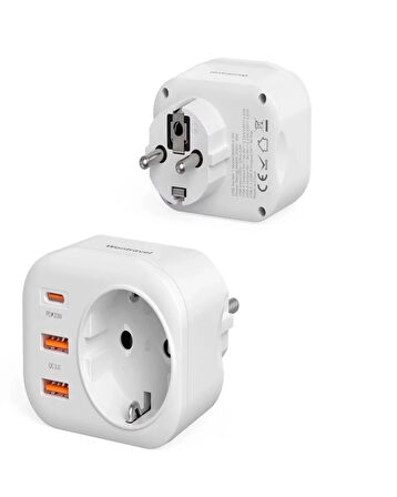 AC-115 2500W 3.4A 2USB 1Type-C 1Soket Akım Korumalı Şarj Adaptörü Priz Çoğaltıcı