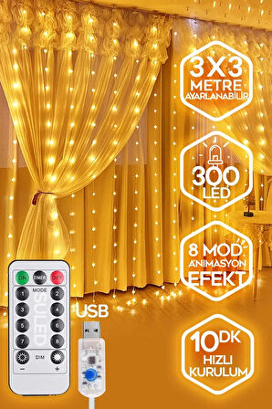 300 Ledli 10 Saçaklı Sarı Led Kumandalı 8 Modlu Perde Led Peri Mutfak Işık Dekoratif Lamba