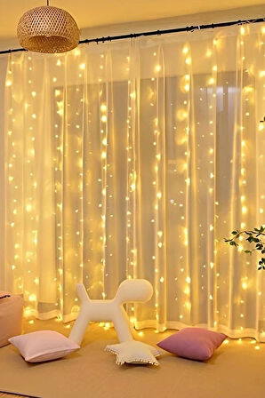 300 Ledli 10 Saçaklı Sarı Led Kumandalı 8 Modlu Perde Led Peri Mutfak Işık Dekoratif Lamba