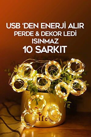300 Ledli 10 Saçaklı Sarı Led Kumandalı 8 Modlu Perde Led Peri Mutfak Işık Dekoratif Lamba