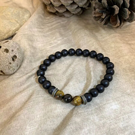 Uretti - Tuğba 6667 El Yapımı Doğal Taş Kaplan Gözü Detaylı Erkek Oniks Bileklik