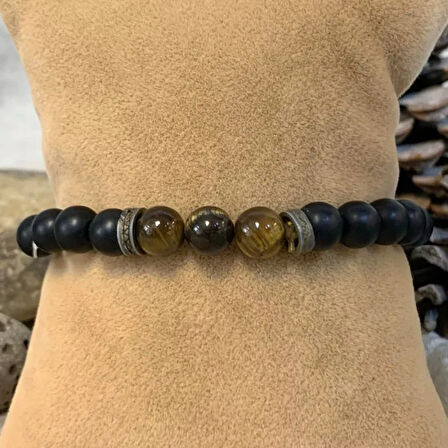 Uretti - Tuğba 6667 El Yapımı Doğal Taş Kaplan Gözü Detaylı Erkek Oniks Bileklik