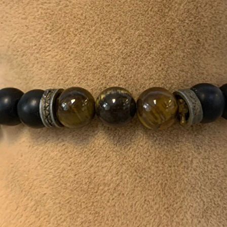 Uretti - Tuğba 6667 El Yapımı Doğal Taş Kaplan Gözü Detaylı Erkek Oniks Bileklik