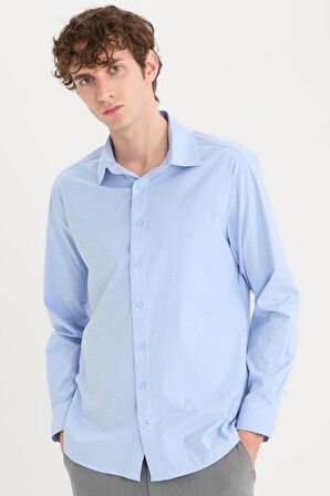 DeFacto Modern Fit Modern Kesim Poplin Düz Pamuk Karışımlı Uzun Kollu Gömlek D3375AX24AUBE177