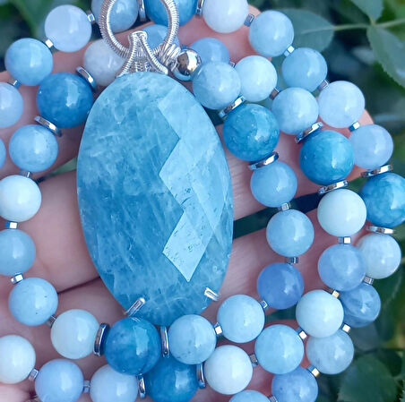 2471 Akuamarin Kuvars Hematit el yapımı kolye