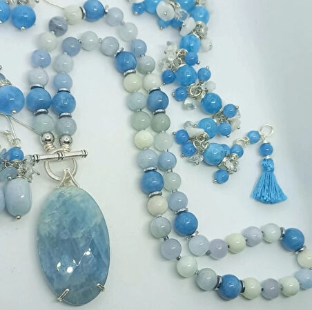 2471 Akuamarin Kuvars Hematit el yapımı kolye