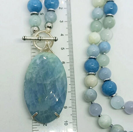 2471 Akuamarin Kuvars Hematit el yapımı kolye