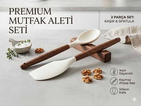 Mutfak Gurmesi - 2’li Premium Silikon ve Akasya Ahşap Mutfak Gereçleri Seti | Isıya Dayanıklı Spatula ve Servis Kaşığı | Yapışmaz Yüzey Dostu, Ergonomik ve Şık Tasarım