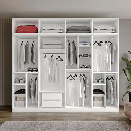 GuneyStore Ücretsiz Montaj %100 MDF Oslo 8 Kapaklı Yüklüklü Beyaz Gardırop