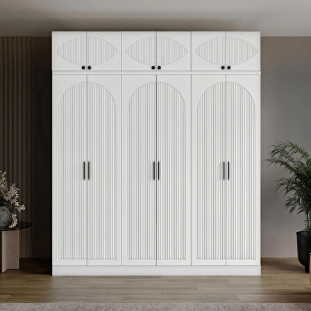 Ücretsiz Montaj GuneyStore %100 MDF Oslo 6 Kapaklı Yüklüklü Beyaz Gardırop