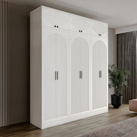 Ücretsiz Montaj GuneyStore %100 MDF Oslo 6 Kapaklı Yüklüklü Beyaz Gardırop