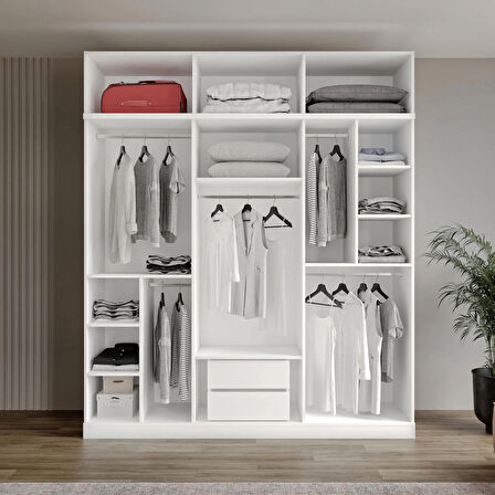 Ücretsiz Montaj GuneyStore %100 MDF Oslo 6 Kapaklı Yüklüklü Beyaz Gardırop