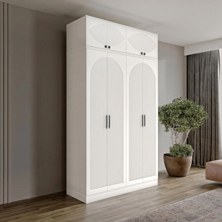 Ücretsiz Montaj GuneyStore %100 MDF Oslo 4 Kapaklı Yüklüklü Beyaz Gardırop